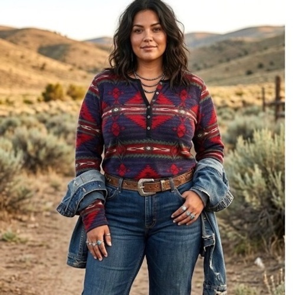 Chaps Denim Womens 1X Southwestern Aztec Thermal Henley Shirt Purple Red Cotton - Picture 4 of 14